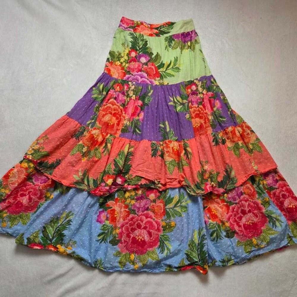 FARM Rio Multicolor Floral Tiered Maxi Skirt — Green, Purple, Coral, Light Blue